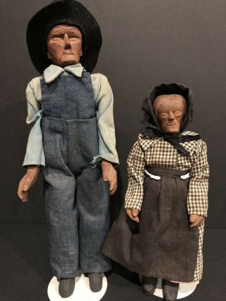 2 Vintage Hand - Carved Wooden Dolls Primitive Folk Art By Polly Page