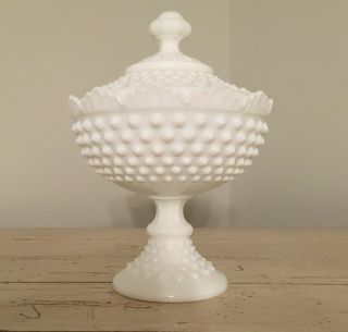 Vintage Fenton White Hobnail Milk Glass Covered Pedestal Candy Dish 8 1/2 Tall