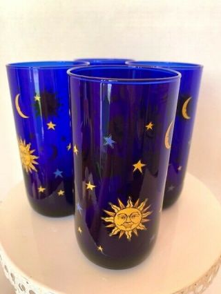 Vintage Cobalt Blue Large 16oz Glass Celestial Sun Moon Star,  Libbey (4 Avail)