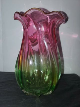 Teleflora Hand Blown Glass Tulip Vase Pink/green Vintage