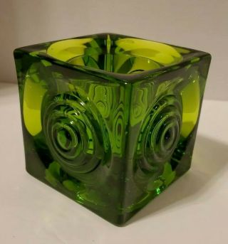 Vintage Emerald Green Viking Glass Votive Bullseye Cube Candle Holder Pp19