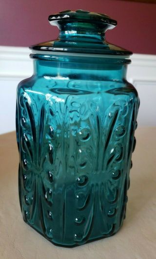 Vintage Le Smith Imperial Atterbury Scroll Teal Blue Glass Canister/jar & Lid