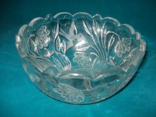 Heavy Crystal Etched Birds And Flowers Serving Bowl / Candy Dish 8 "