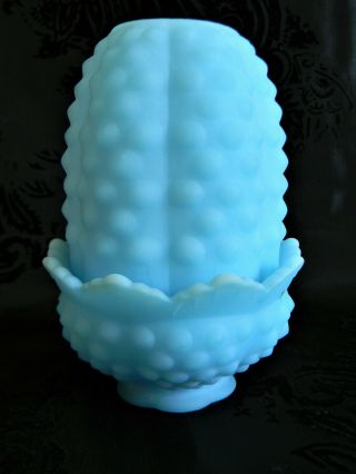 Vintage Fenton Glass 2pc Fairy Lamp Light Blue Custard Satin Hobnail