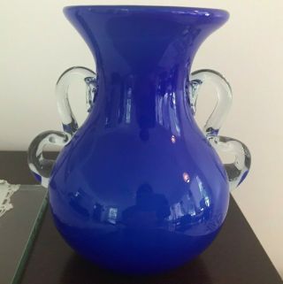 Vintage Hand Blown Glass Cobalt Blue Vase Clear Handle Ruffled