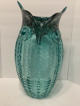 Art Glass Large Owl Vase Blue Clear Glass With Purple And Gold Hues