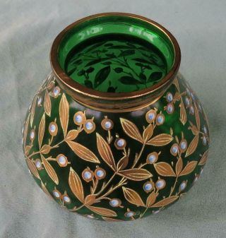 Vintage Bohemian Art Glass Vase Blue Enamel Berries Gold Leaves & Trim