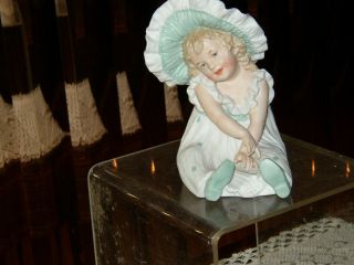 Antique German Gebruder Heubach All Bisque Piano Bonnet Baby Doll Figurine.