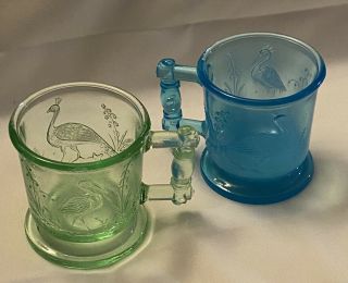 Degenhart 1930’s Vaseline Glass And Blue Opalescent Children’s Mugs