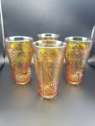 4 X 6 " Vintage Indiana Harvest Grape Iridescent Amber Carnival Glass Tumblers