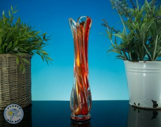 Vintage Murano Red Glass Swung Bud Vase Mid Century Italian Art Glass 9 " Tall