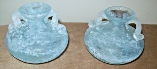 Vintage Murano Art Glass Frosted Light Blue Mini Vases Double Handles
