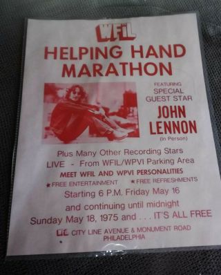 Vintage John Lennon 1975 Helping Hand Marathon Wfil Philadelphia Flyer Beatles