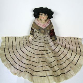 Antique 20s French Boudoir Doll Cloth Silk Face Eyelashes Dress France 20