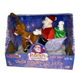 Gemmy Rudolph The Red Nosed Reindeer Santa And Sleigh Figure - Pretested