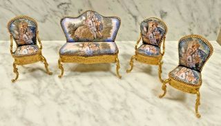 Antique Brass Porcelain Romantic Enamel Miniature Blue Parlor Set