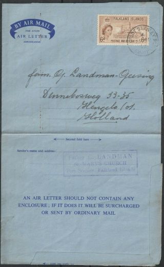 29) Falkland Islands - 6 P.  Elizabeth 1958 On Aerogramme / Air Letter To Holland