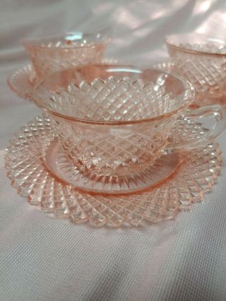 Vintage Pink Mosser Glass Tea Cup & Saucer Set Of 3