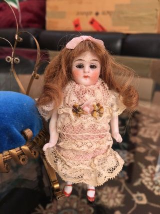 Diminutive Early Antique All Bisque 4 " French Market Mignonette Doll