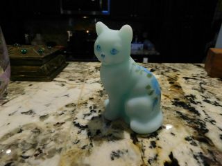 Fenton Hand Painted Blue Satin Glass Cat & Signed,