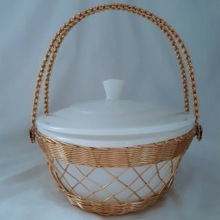 Vintage Glasbake Casserole Dish With Gold Carrier 2 Qt Oval With Lid All White