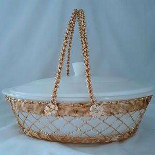 Vintage Glasbake Casserole Dish With Gold Carrier 2 QT Oval With Lid All White 3