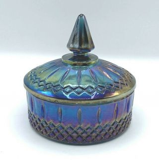 Vintage Indiana Carnival Glass Candy Dish Blue Iridescent Windsor Style W/lid