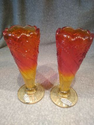 Le Smith Vintage Glass Amberina Red Orange Moon & Stars Vases