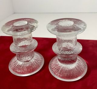 Ingrid Glass Pair Textured Clear Ice Bark Glass Candle Holders 1970s German