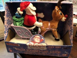 Gemmy RUDOLPH THE RED NOSED REINDEER SANTA AND SLEIGH FIGURE W Box 3