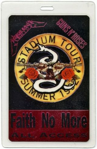 Metallica W/ Guns N Roses Faith No More 1992 Tour Laminated Stage Backstage Pass