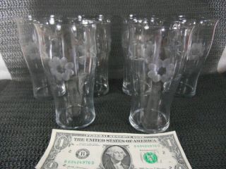 6 Vintage Antique Floral Etched Water Tumblers 5 3/8 " Tall 8 Petal Vining Leaves