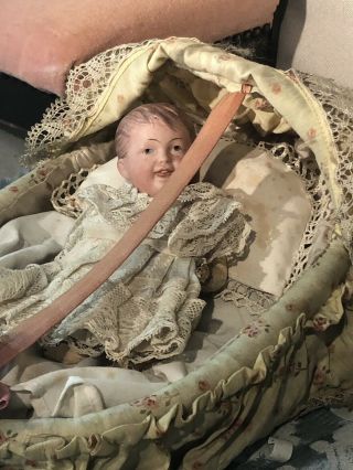 French Sfbj 235 Character Bisque Head Doll.  Rare Small Size.  With Her Cradle.