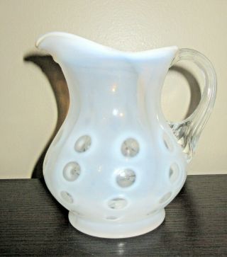 Vintage Fenton Small Pitcher White Opalescent Coin Dot Art Glass 4.  5 " Tall