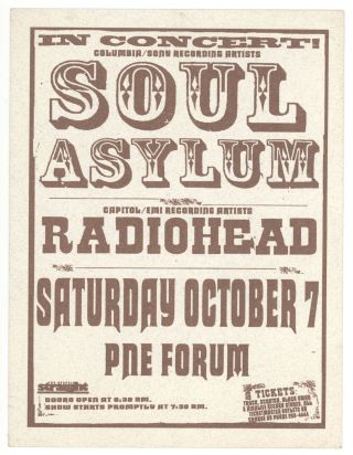 Rare Soul Asylum & Radiohead 10/7/95 Vancouver Concert Flyer For Cancelled Show