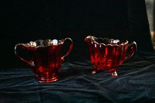 Vintage Red Depression Glass Footed Sugar & Creamer Set,