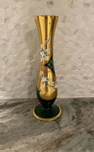 Vintage Bohemian Czech Green And Gold Vase Enameled Flowers 24k Gold