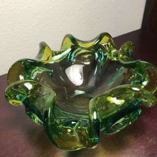Vintage MURANO Sommerso Glass Bowl Green And Canary Ombre 3