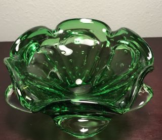 Vintage Murano Art Glass Ashtray Bowl Green Clear Controlled Bubble