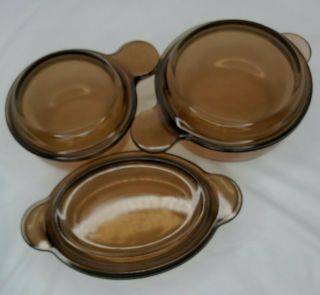 Set Of 3 Vintage Corning Visions Amber Grab - It & Go Cups Containers With Lids