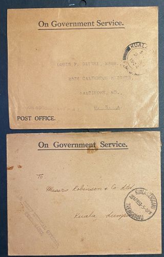 Malaya On Government Services Covers Kl (1934) & Kuala Trengganu (1953)