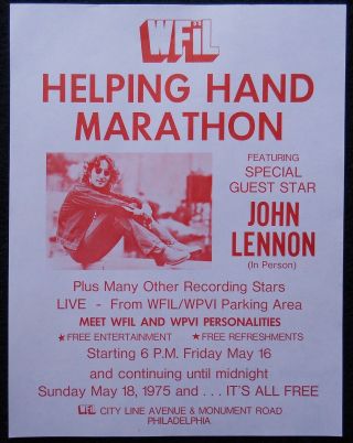 John Lennon Promo 1975 Helping Hand Marathon Wfil Flier Rare Beatles