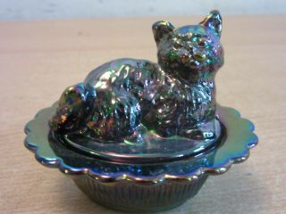 Rare Vintage Mosser Usa Amethyst Carnival Glass Cat Kitten On Nest Salt Cellar
