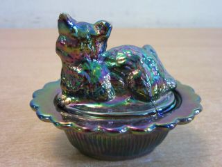 RARE Vintage Mosser USA Amethyst Carnival glass cat kitten on nest salt cellar 3