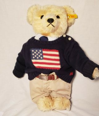 $800 Vintage Ralph Lauren Polo Teddy Bear By Steiff Usa Preppy Growler
