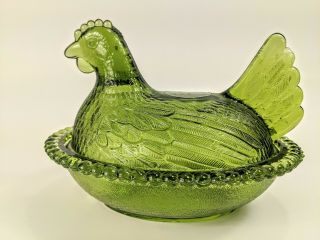Indiana Glass Hen On Nest Olive Green Chicken Candy Dish Bowl With Lid
