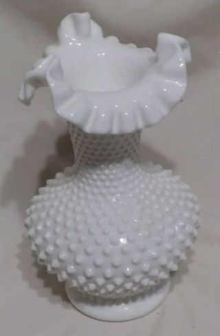 Vintage Large 11 " Fenton Hobnail White Milk Glass Vase With Ruffled & Fluted Rim