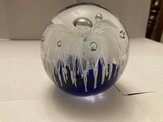 Controlled Bubble Glass Art Paperweight Blue With White Flower Vintage Rare