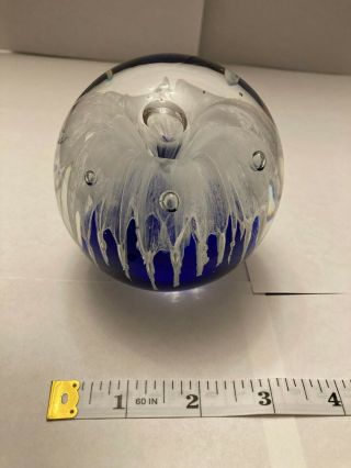 Controlled Bubble Glass Art Paperweight Blue with White Flower Vintage Rare 2