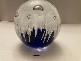 Controlled Bubble Glass Art Paperweight Blue with White Flower Vintage Rare 3